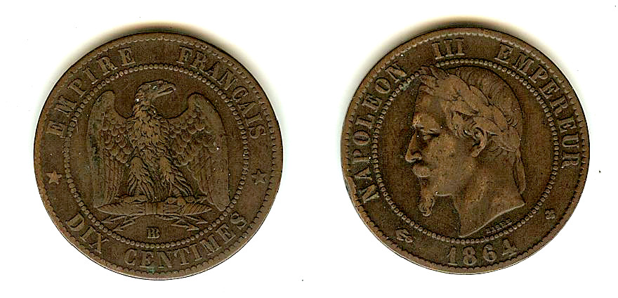 Dix centimes Napoléon III, tête laurée 1864 Strasbourg TTB-